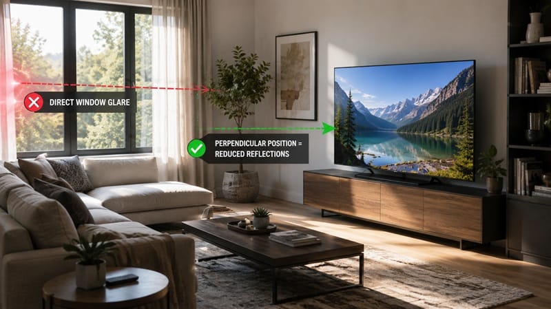 TV positioned away from window glare in living room