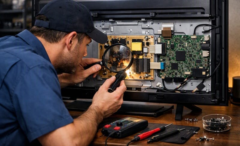 Technician inspecting TV panel for warranty exclusion