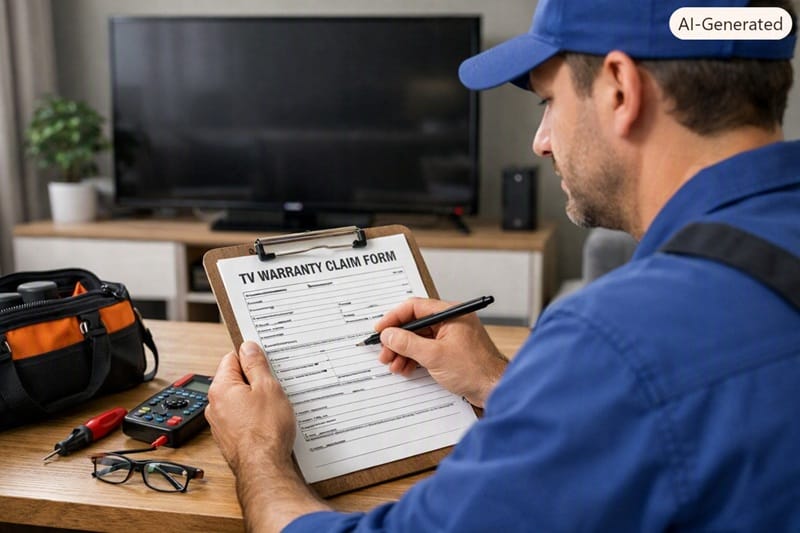 Technician reviewing a TV warranty claim form