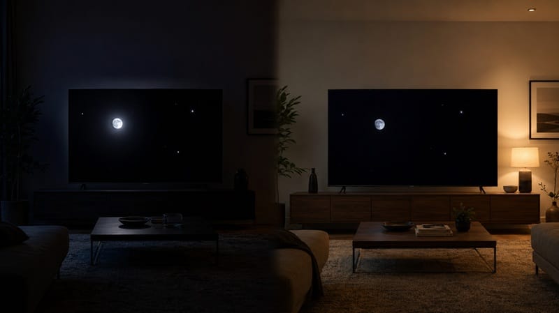 Viewer watching a movie on a TCL Mini-LED TV in a dark room