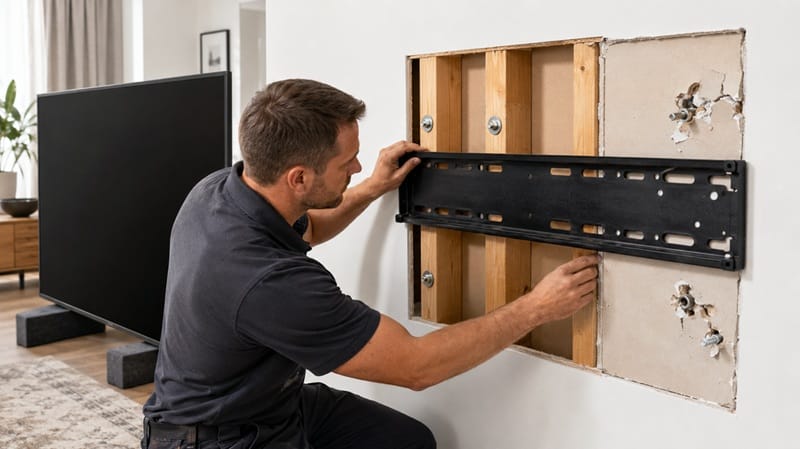 Wall mount hardware and stud placement for a TV