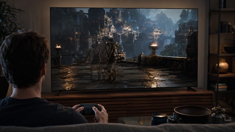 console controller in front of a Samsung OLED TV