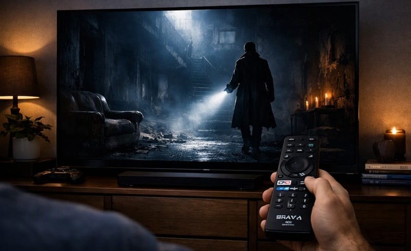 dark home theater scene viewed on a Sony OLED TV