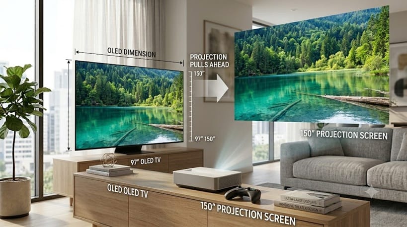 large screen size comparison OLED TV and ultra short throw projector