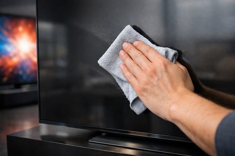 lightly dampened cloth wiping an OLED panel