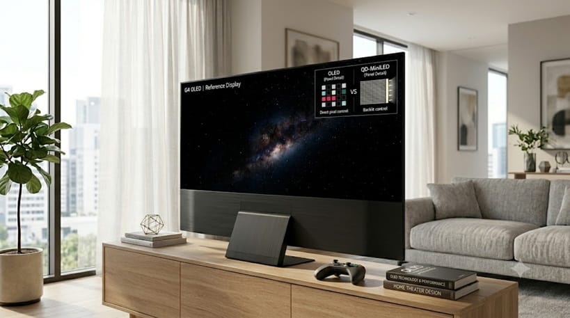 living room TV setup with OLED display