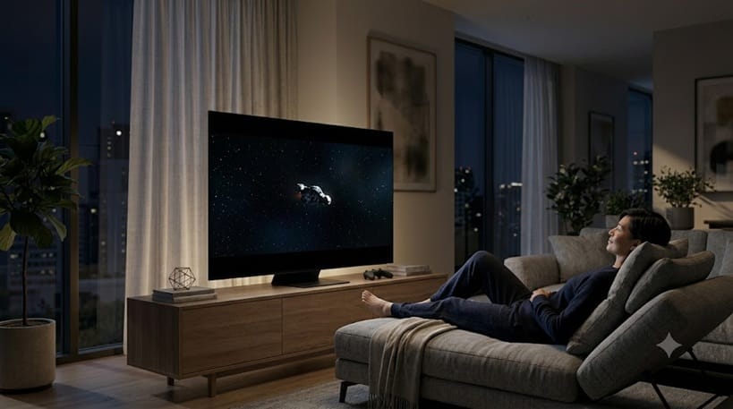 person watching OLED TV comfortably at night
