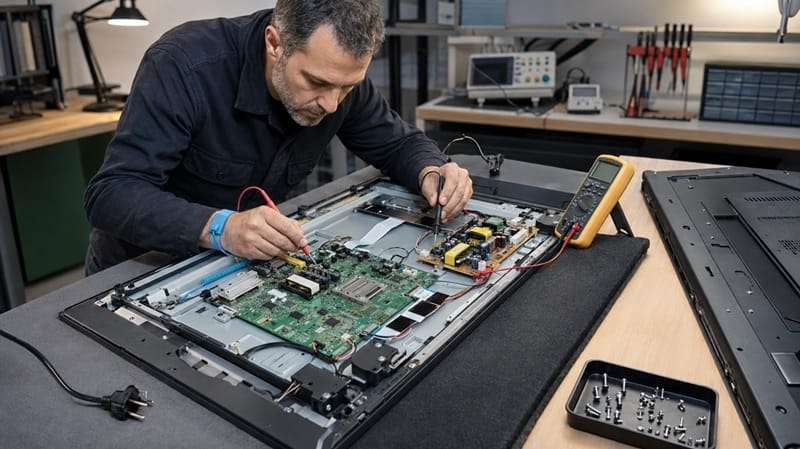 service technician inspecting TV internal components
