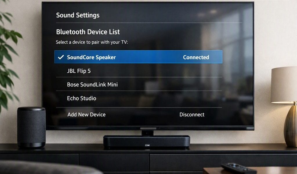 Bluetooth speaker device list on TV screen