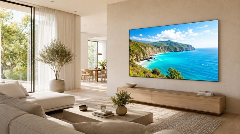 Bright living room with LG OLED TV mounted on wall