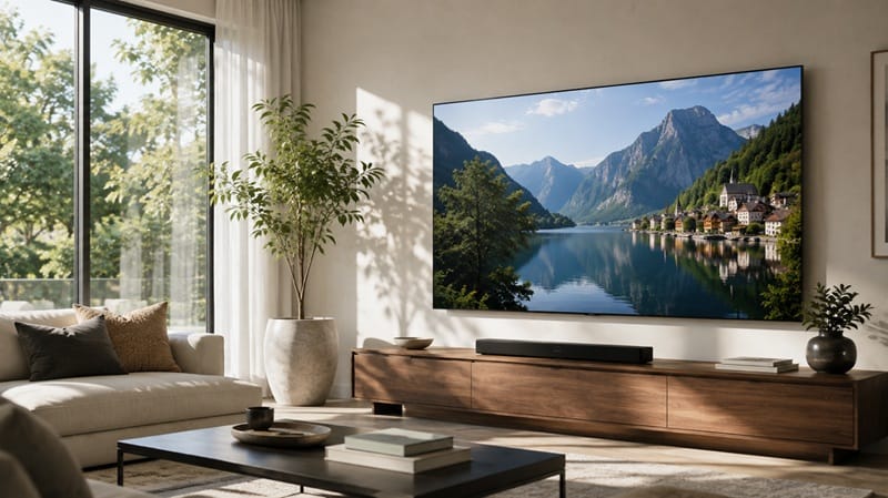 Bright living room with OLED TV mounted near a window