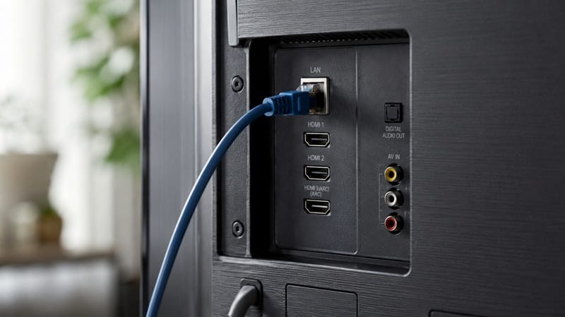Ethernet cable plugged into the back of a smart TV