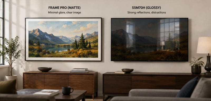 Frame Pro matte screen glare handling vs 55M70H glossy panel