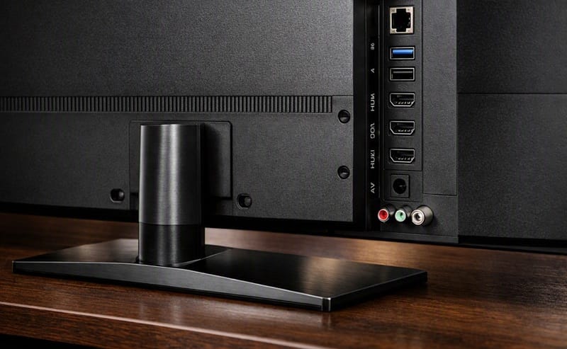 Hisense 100U6SF Pro ports and stand design close-up