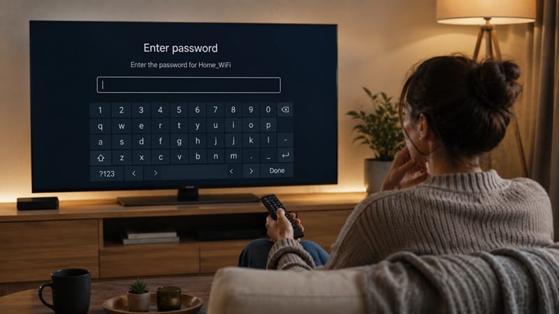 Person entering a Wi-Fi password on a TV remote