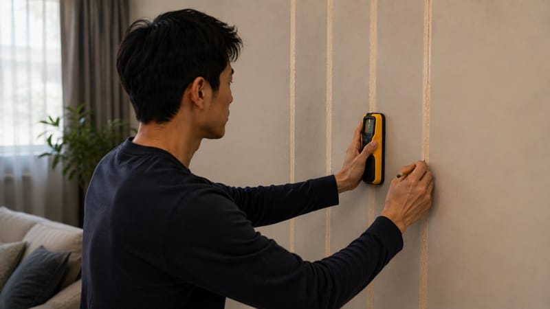 Stud finder locating wall studs before mounting