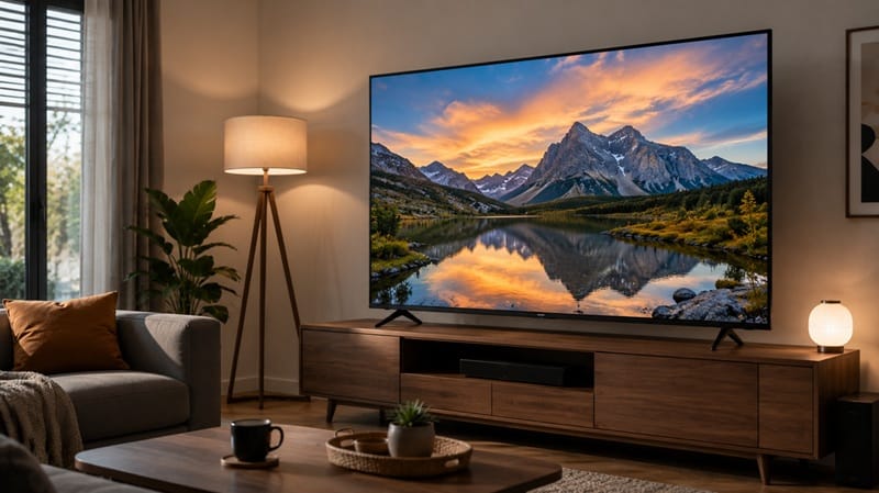TCL 75F7D review — front view on stand