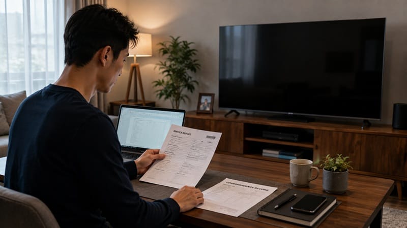 TCL TV owner reviewing service paperwork at home
