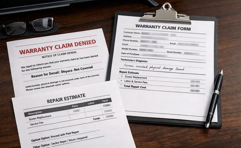 TCL TV warranty claim denied notice and repair paperwork