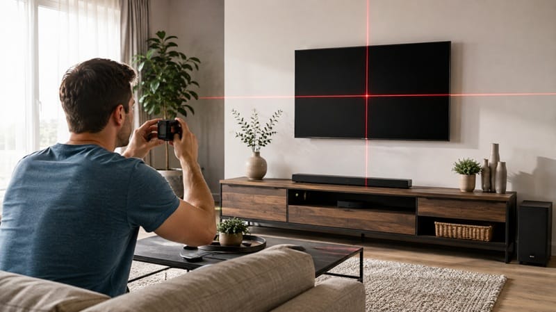 TV mounted above a media console