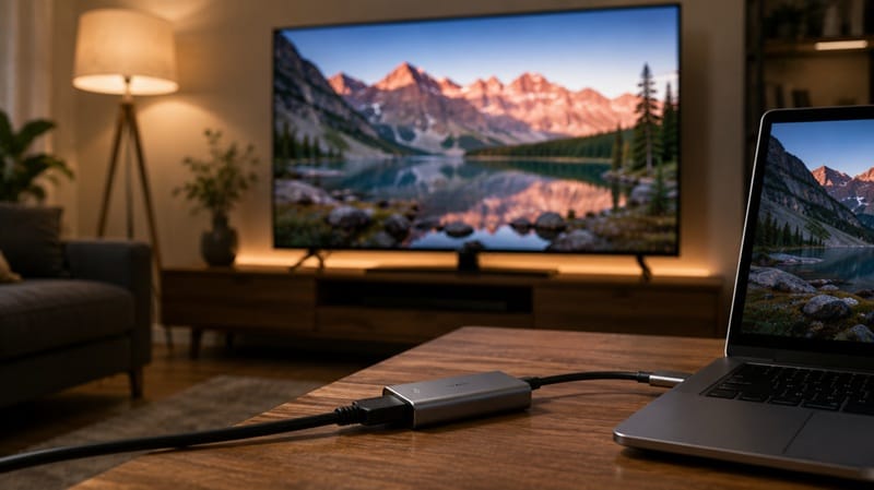 USB-C to HDMI cable connected to TV port