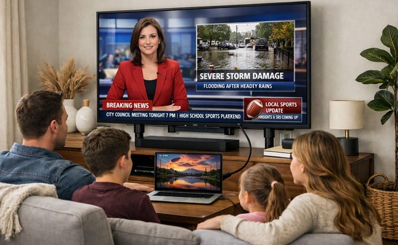 family watching local news on a smart TV