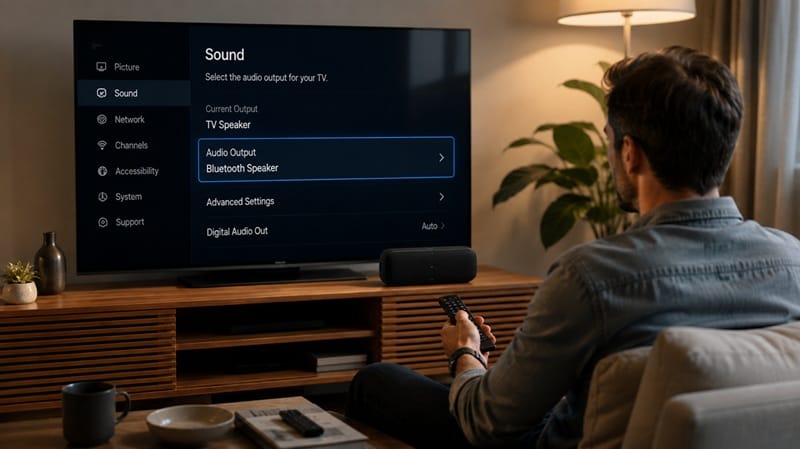 Bluetooth speaker set up next to TV