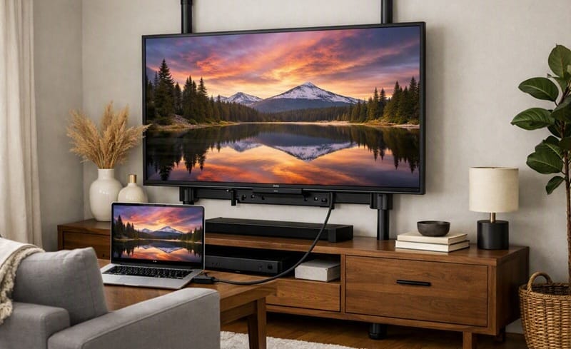 how to connect a laptop to a TV — HDMI cable plugged into both devices