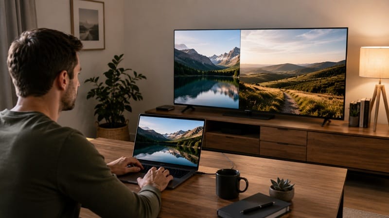 laptop screen extended onto a TV display