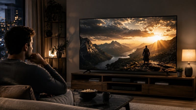 living room TV showing HDR movie scene