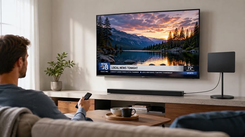 local channels without cable — indoor antenna next to a smart TV