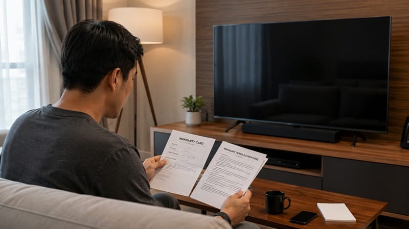 owner checking TV warranty documents at home