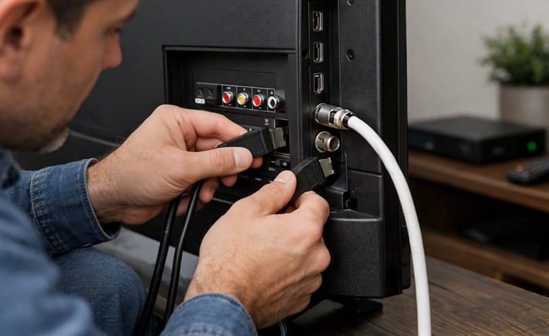 person checking TV cable connections