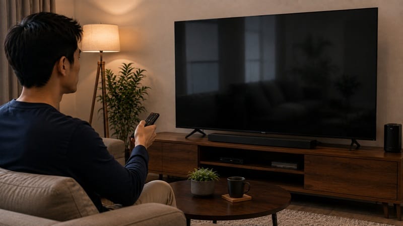 person checking TV settings menu for smart features
