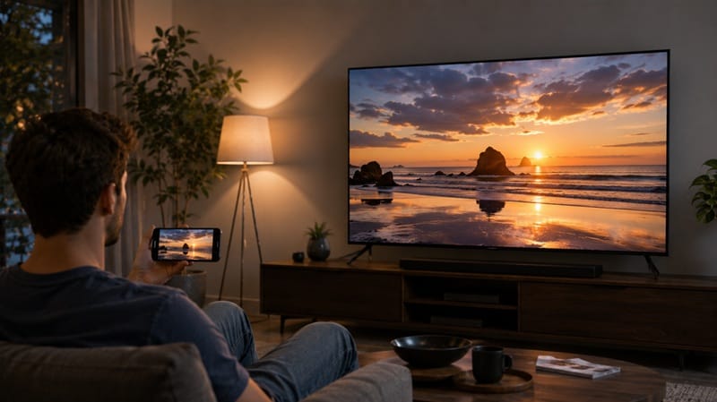 phone screen mirrored onto a TV display