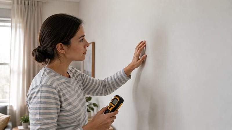 renter checking wall before mounting a TV in an apartment
