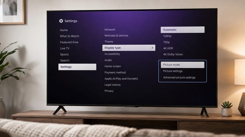 Navigating to Display type and Picture mode on a Roku TV.