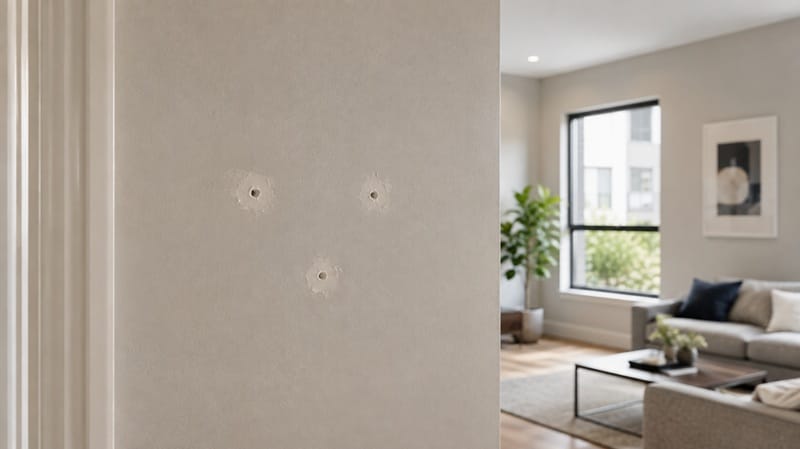 small patched screw holes on an apartment wall