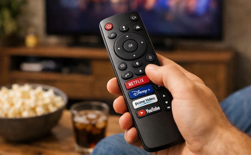 smart TV remote pointing at app grid on screen