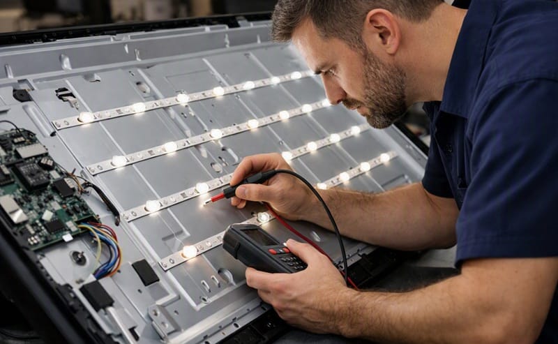 technician inspecting TV LED backlight strips